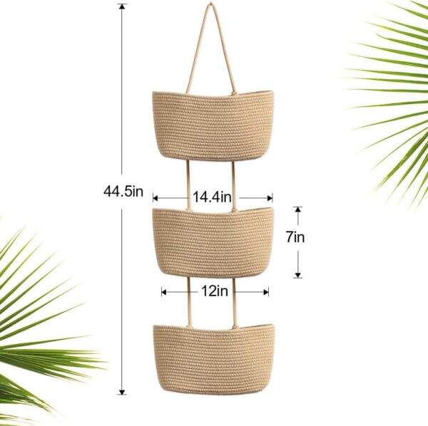 TeoKJ Over the Door Hanging Basket, 3-Tier Woven Cotton Wall-Mounted Storage Organizer Bag Decorative Hanging Nursery Baskets - Jute - Image 3