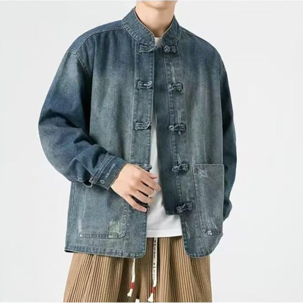 NCDUANSAN New Chinese style button up men's denim jacket, niche long sleeved jacket, casual and fashionable design hip-hop - Image 6