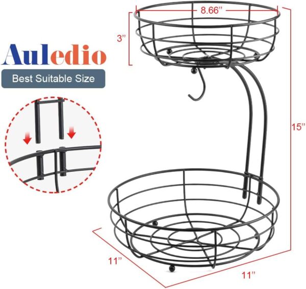 Auledio Iron 2-Tier Countertop Fruit Vegetables Basket Bowl Storage With Banana Hanger, Black, 64 ounces - Image 5