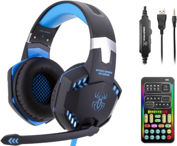 sktome Gaming Voice Changer Headset with Mic, Cool LED Light Over-Ear Headphones with Volume Control, Noise Reduction Voice Changer Gaming Headset for PS4/PS5/Xbox One/PC/Phone/Laptops(Blue)