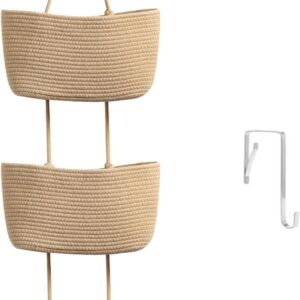TeoKJ Over the Door Hanging Basket, 3-Tier Woven Cotton Wall-Mounted Storage Organizer Bag Decorative Hanging Nursery Baskets - Jute