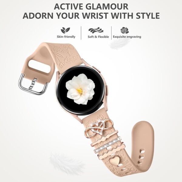 DaQin Flower Engraved Band Compatible with Samsung Galaxy Watch 7 Band/FE 6 5 4 40mm 44mm,Galaxy Active 2, 20mm Watch Band Soft Silicone Replacement Strap with Decorative Charms Accessories Women - Image 3