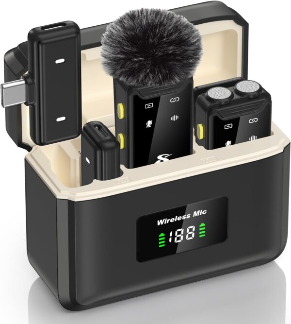 PQRQP Wireless Microphone for iPhone, iPad and Android(Lightning/USB C), Dual Microphones 20 H Battery Life, Mini Microphone, Cordless Double Mics for Video Recording, YouTube, TikTok, 164FT