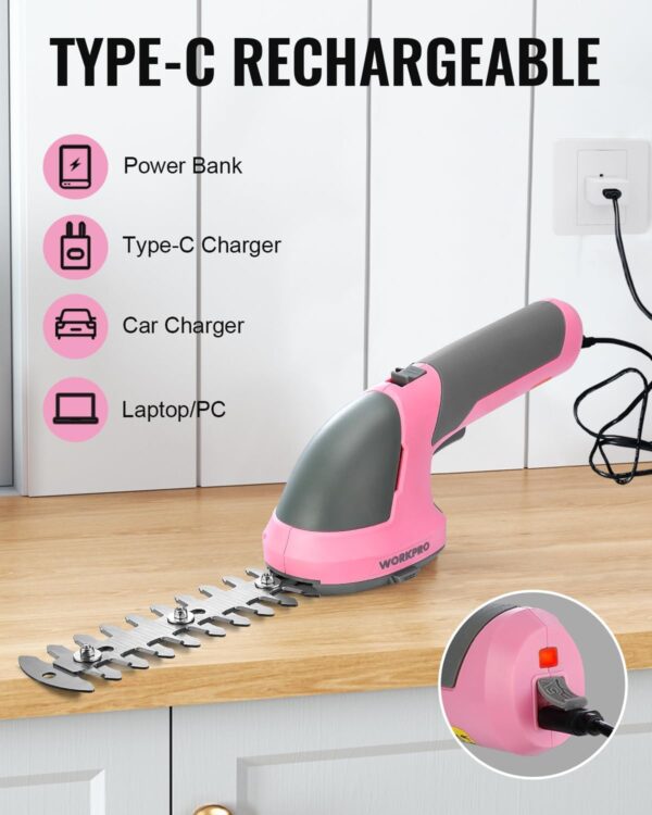 WORKPRO Cordless Grass Shear & Shrubbery Trimmer - 2 in 1 Handheld Hedge Trimmer 7.2V Electric Grass Trimmer Hedge Shears/Grass Cutter Rechargeable Lithium-Ion Battery and Type-C Cable - Pink Ribbon - Image 7