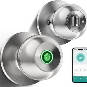 Fingerprint Door Lock, Smart Fingerprint Door Knob with Lock, Biometric Door Lock with App Control & Key, Keyless Thumbprint Entry Door Lock for Bedroom, Front Door, Home, Apartment - Brushed Silver