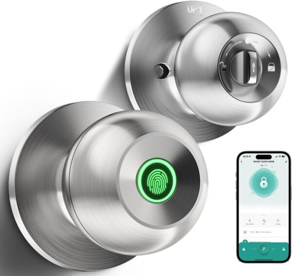Fingerprint Door Lock, Smart Fingerprint Door Knob with Lock, Biometric Door Lock with App Control & Key, Keyless Thumbprint Entry Door Lock for Bedroom, Front Door, Home, Apartment - Brushed Silver