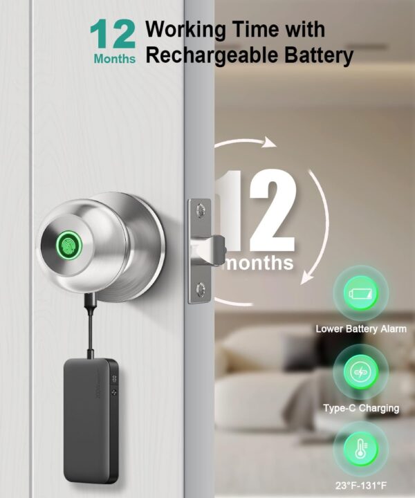 Fingerprint Door Lock, Smart Fingerprint Door Knob with Lock, Biometric Door Lock with App Control & Key, Keyless Thumbprint Entry Door Lock for Bedroom, Front Door, Home, Apartment - Brushed Silver - Image 4