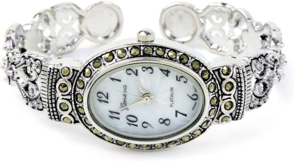 Silver Black Vintage Style Marcasite Crystal Oval Face Women's Bangle Cuff Watch - Image 3