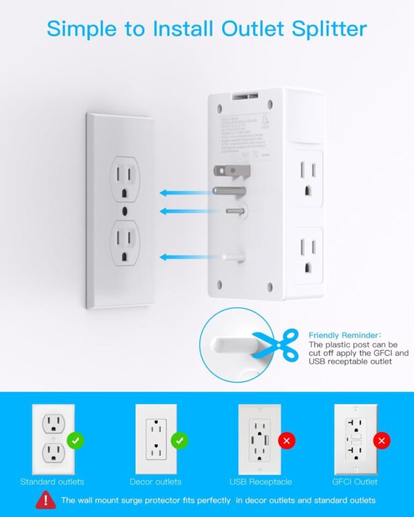 Surge Protector, 5 Outlets Extender with 4 USB Ports(USB C), 3-Side 1680J Power Strip Multi Plug Outlet Expander, USB Wall Charger, Outlet Splitter Adapter Wall Mount for Home Travel Office ETL Listed - Image 4
