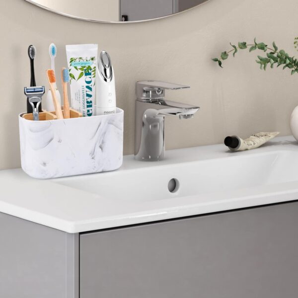 Toothbrush Holders for Bathrooms, 5 Slots Bamboo Toothbrush Holder Kids Electric Toothbrush Holder and Toothpaste Holder for Bathroom Countertop Accessories Storage, Marble Toothbrush Organizer - Image 2