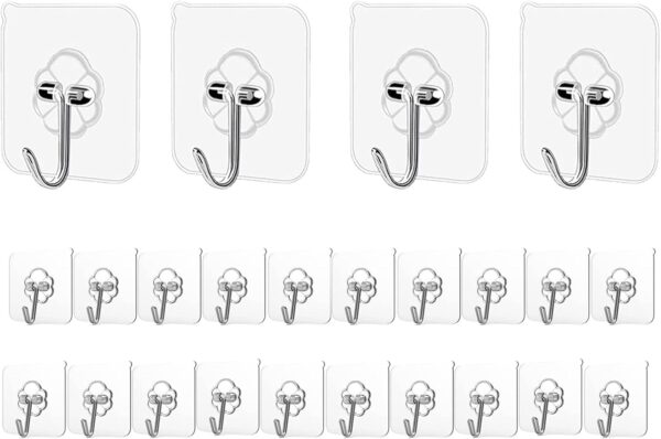 Adhesive Hooks Kitchen Wall Hooks - 24 Packs Heavy Duty 33lb(Max) Nail Free Transparent,Waterproof,Sticky Stainless Hangers for Keys,Bathroom, Shower, Outdoor, Kitchen,Door,Home Improvement,Utility