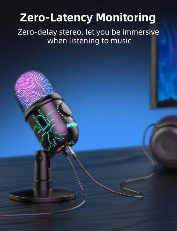 Gaming Microphone, USB Computer Microphone for PC, Mac, PS4/5, Condenser Podcast Mic for Studio Recording, YouTube, Streaming, with Headphone Jack, Led Light, Mute, Gain, Noise Cancellation - Image 4