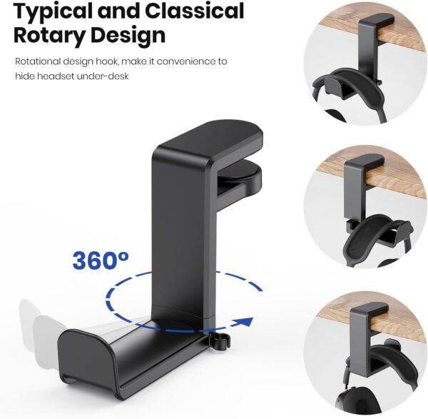 EURPMASK Rotating Headphone Stand - PC Gaming Headset Holder, Adjustable Clamp-on Under Desk Hanger With 360 Degree Swivel & Cable Clip Organizer - Black - Image 4