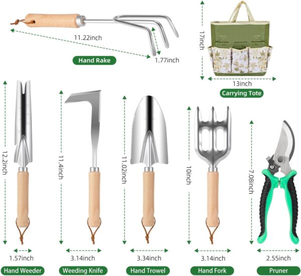 9-Piece Premium Gardening Tool Set for Women - Heavy Duty Stainless Steel Rust-Proof Tools with Fashion Storage Tote | Perfect Gardening Gifts for Mom, Mother's Day, Birthday & Outdoor (Green) - Image 7