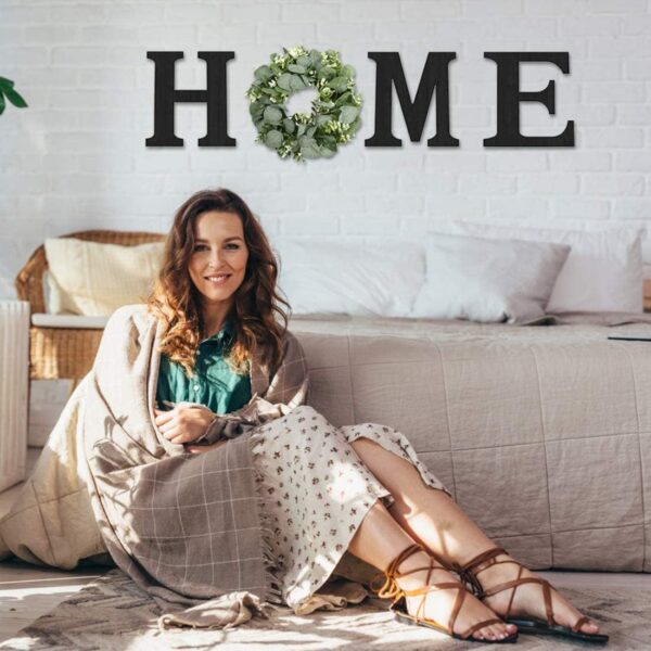 Wood Home Sign with Artificial Eucalyptus Wreath for O, Hanging Farmhouse Wall House Decor Wood Letters for Wall Art Rustic Home Decor, Wall Decor for Living Room Kitchen Entryway (Black) - Image 3