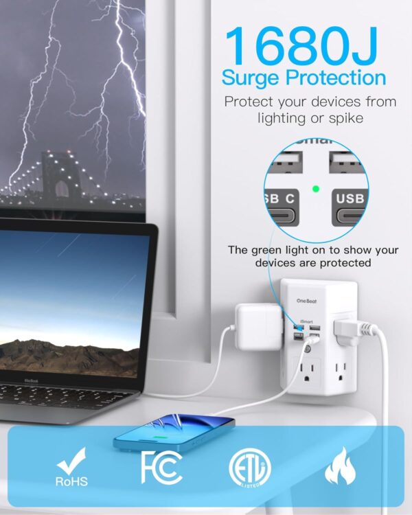 Surge Protector, 5 Outlets Extender with 4 USB Ports(USB C), 3-Side 1680J Power Strip Multi Plug Outlet Expander, USB Wall Charger, Outlet Splitter Adapter Wall Mount for Home Travel Office ETL Listed - Image 5
