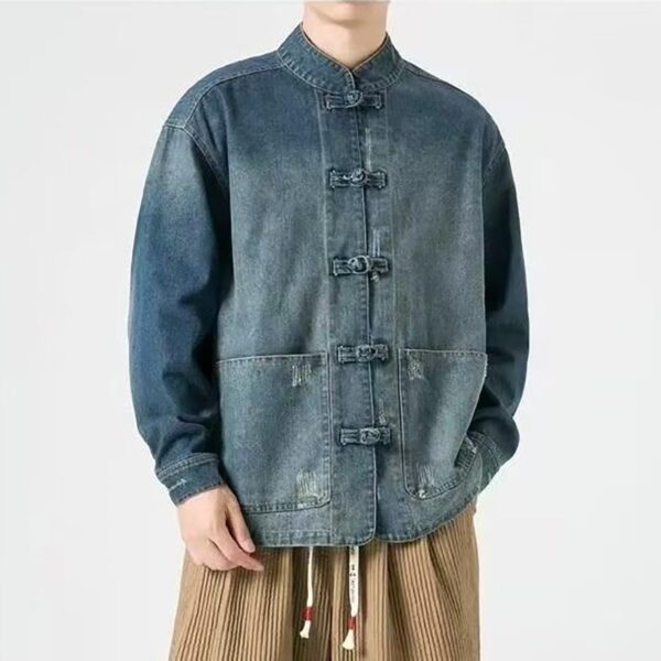 NCDUANSAN New Chinese style button up men's denim jacket, niche long sleeved jacket, casual and fashionable design hip-hop - Image 3
