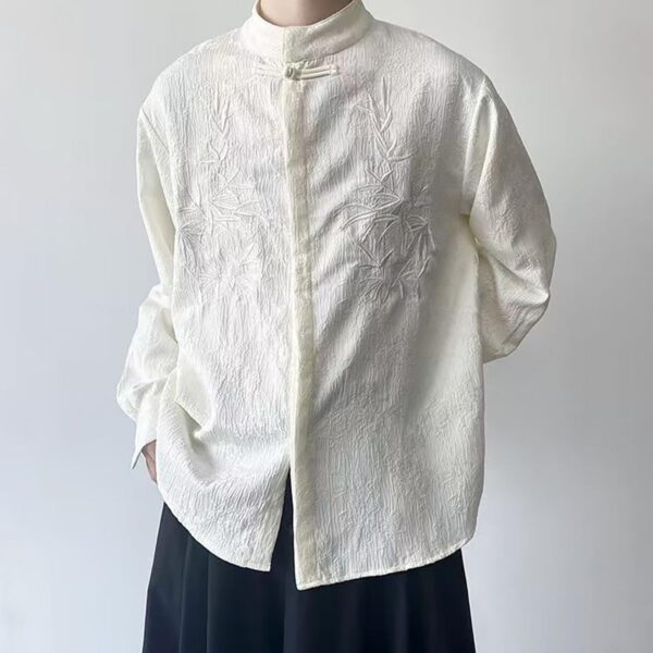 Men's Chinese Embroidery Style Print Niche Zhongshan Collar Long Sleeved top Personalized Loose Fashionable Design - Image 2