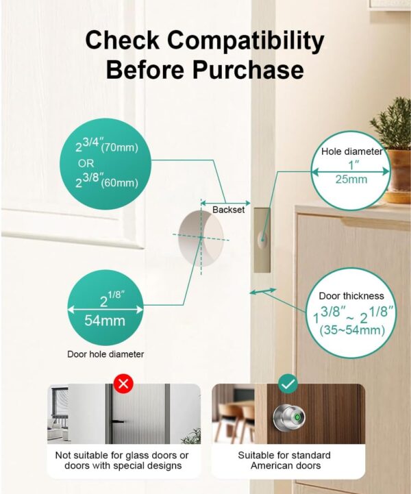 Fingerprint Door Lock, Smart Fingerprint Door Knob with Lock, Biometric Door Lock with App Control & Key, Keyless Thumbprint Entry Door Lock for Bedroom, Front Door, Home, Apartment - Brushed Silver - Image 5