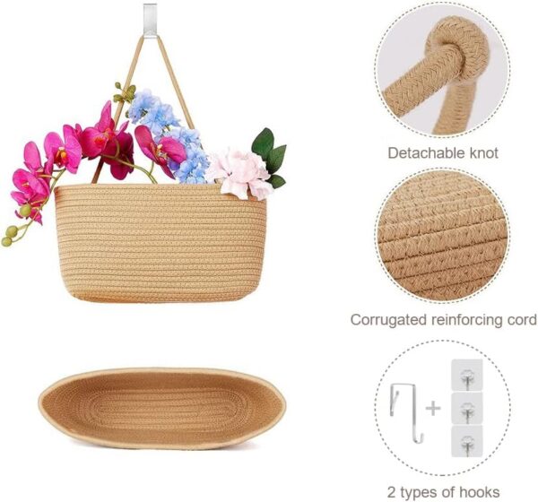 TeoKJ Over the Door Hanging Basket, 3-Tier Woven Cotton Wall-Mounted Storage Organizer Bag Decorative Hanging Nursery Baskets - Jute - Image 4