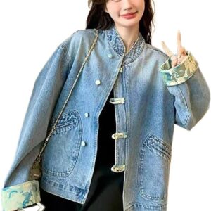 NCDUANSAN New Chinese button women's denim jacket, niche spliced long sleeved top, casual and fashionable design hip-hop