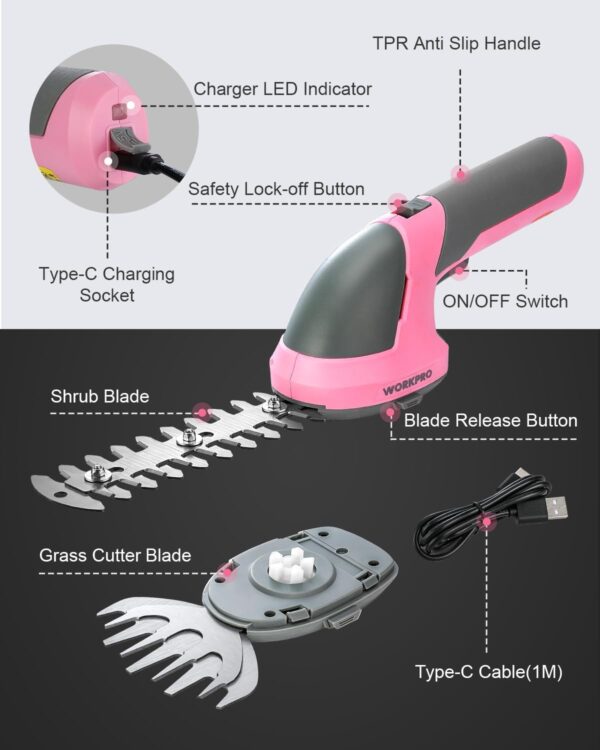 WORKPRO Cordless Grass Shear & Shrubbery Trimmer - 2 in 1 Handheld Hedge Trimmer 7.2V Electric Grass Trimmer Hedge Shears/Grass Cutter Rechargeable Lithium-Ion Battery and Type-C Cable - Pink Ribbon - Image 8