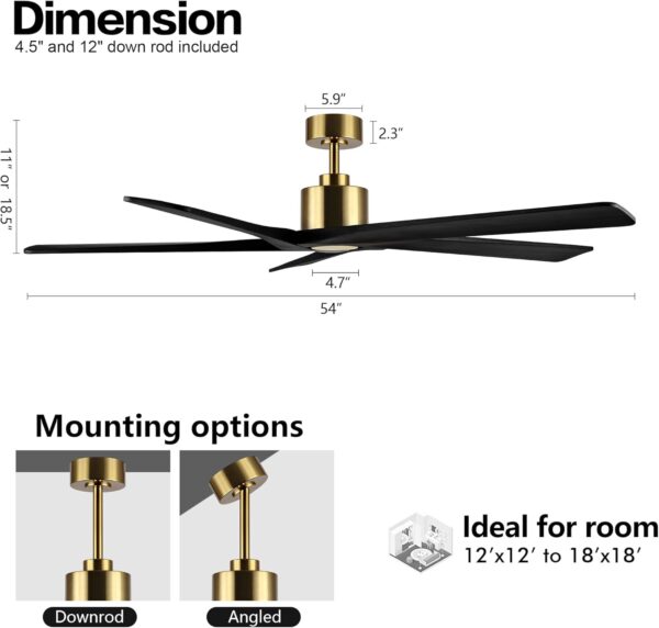 WINGBO 54 Inch DC Ceiling Fan without Lights, 5 Reversible Carved Solid Wood Blades, 6-Speed Noiseless DC Motor, Ceiling Fan No Light with Remote, Brass Finish with Black Blades, ETL Listed - Image 3