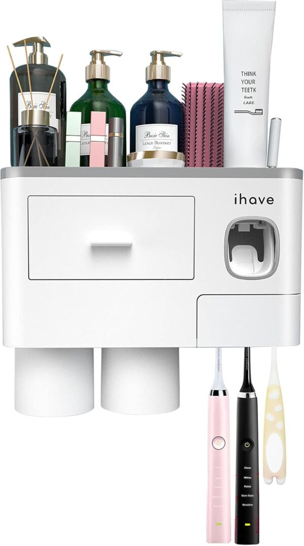 iHave Toothbrush Holders for Bathrooms, 2 Cups Toothbrush Holder Wall Mounted with Toothpaste Dispenser - Large Capacity Tray, Cosmetic Drawer - Bathroom Decor & Bathroom Accessories - Image 7