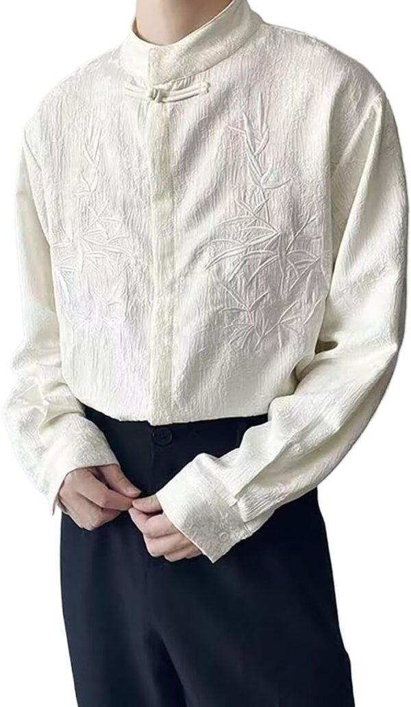 Men's Chinese Embroidery Style Print Niche Zhongshan Collar Long Sleeved top Personalized Loose Fashionable Design