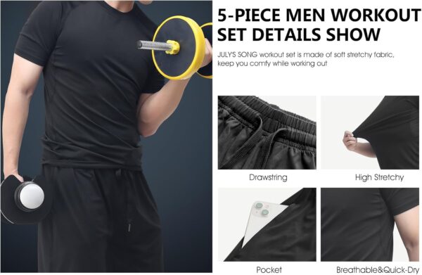 JULY'S SONG Men Compression Workout Set 5 PCS Dry Quick Shirt Pants Shorts Tights Jacket Clothes for Gym - Image 7