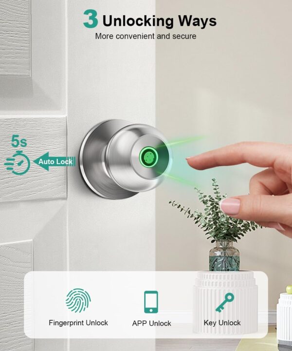 Fingerprint Door Lock, Smart Fingerprint Door Knob with Lock, Biometric Door Lock with App Control & Key, Keyless Thumbprint Entry Door Lock for Bedroom, Front Door, Home, Apartment - Brushed Silver - Image 2