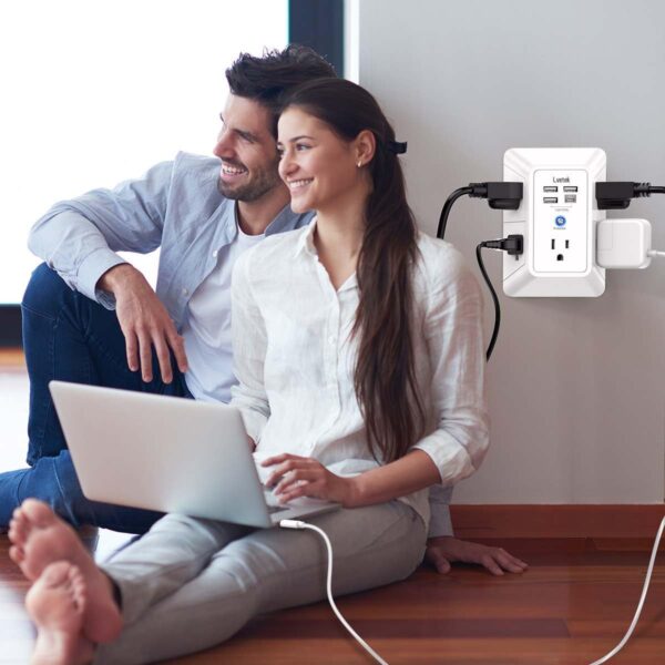 5 Outlet Extender Multi Plug Wall Outlets with 4 USB Charging Ports (1 USB C Outlet), 3 Sided 1680J Surge Protector Power Strip USB Wall Charger for Home, Office, Travel, ETL Listed, White - Image 3