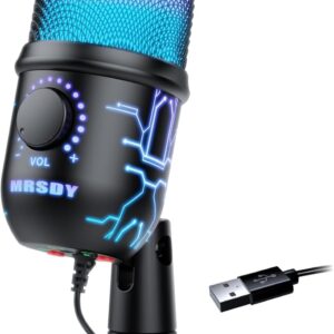 Gaming Microphone, USB Computer Microphone for PC, Mac, PS4/5, Condenser Podcast Mic for Studio Recording, YouTube, Streaming, with Headphone Jack, Led Light, Mute, Gain, Noise Cancellation
