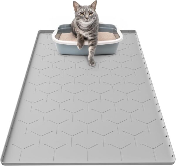 Cat Mat for Litter Box, Large 34" X 22" Cat Litter Mat, Waterproof Silicone Pad for Floor, Gray