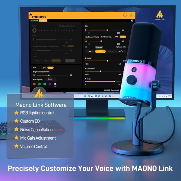 MAONO Dynamic Gaming Microphone: USB XLR Dynamic Computer Microphone with Software-RGB PC Mic for Gamer-Podcast Mic for Streaming Recording Studio YouTube Content Creation Online Chat PD100X RGB - Image 5