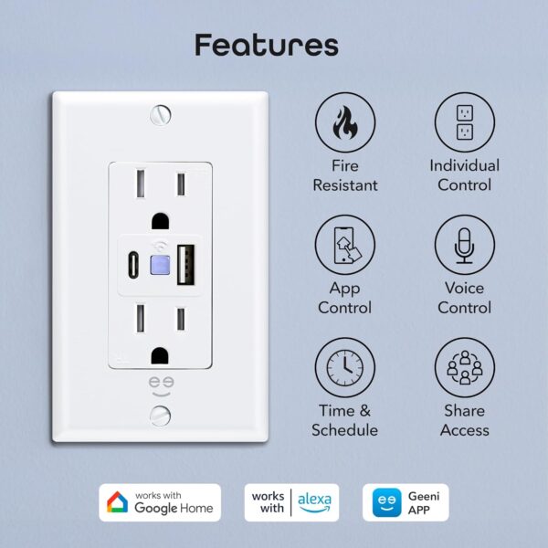 Geeni Current Smart Wi-Fi Outlet with 2 Fast Charge USB Ports (20W USB-C PD & Quick Charge USB-A), Voice Control, No Hub Required, Compatible with Alexa & Google Home - Image 2