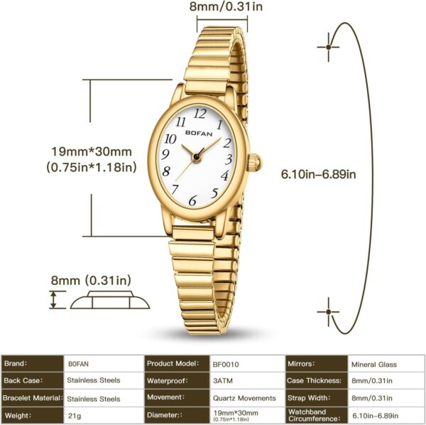 BOFAN Small Gold Watches for Women Easy Read Ladies Quartz Wrist Watch with Stainless Steel Expansion Band,Waterproof. - Image 4