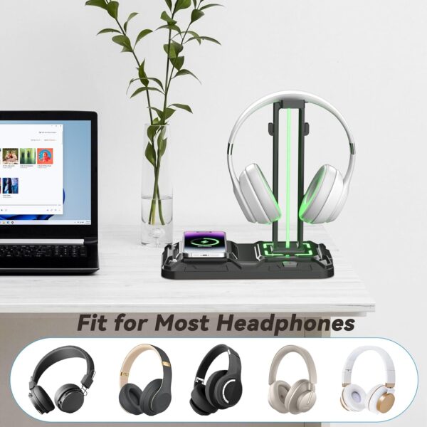 KDD Headphone & Controller Stand with Wireless Charging - Rotatable Headset Stand with 9 Light Modes - Controller Holder with 2 USB and Type C Ports - for Gamers Desktop Accessories - Image 5