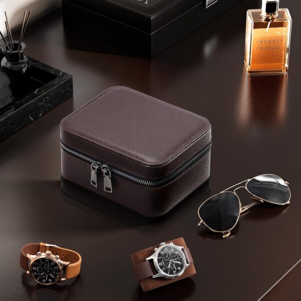 ProCase Father's Day Gift Travel Watch Case, 2 Slots PU Leather Mens Jewelry Box, Portable Watches Cufflinks Accessories Storage Case, Zippered Carrying Organizer Bag for Man -Brown - Image 2