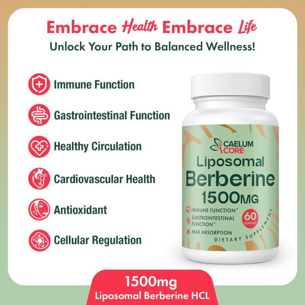 Liposomal Berberine HCL - Berberine 1500mg Activates AMPK & GLP-1, High Bioavailability Berberines Supplement for Women and Men, Berberine Plus Overall Health Support (1 Pack) - Image 6