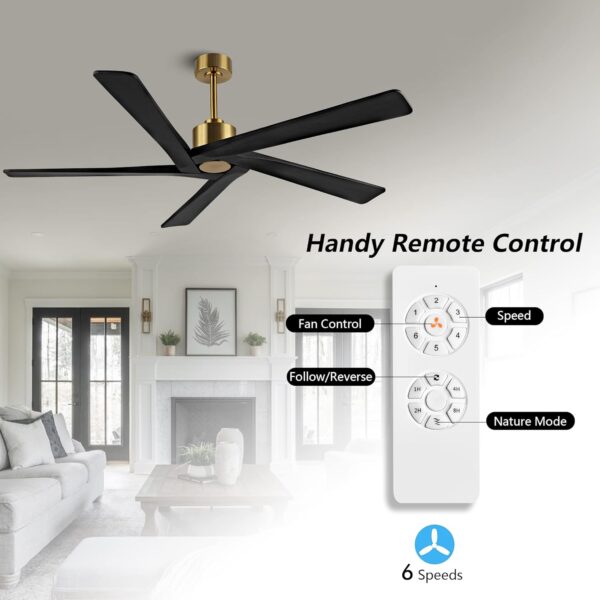 WINGBO 54 Inch DC Ceiling Fan without Lights, 5 Reversible Carved Solid Wood Blades, 6-Speed Noiseless DC Motor, Ceiling Fan No Light with Remote, Brass Finish with Black Blades, ETL Listed - Image 2