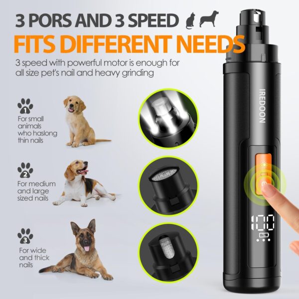 Dog Nail Grinder Upgraded - Professional 3-Speed Super Quiet and Low Vibration Electric Pet Nail Grinder with 4 LED Lights - Painless Paws Grooming & Smoothing for Small to Large Dogs (Black) - Image 2