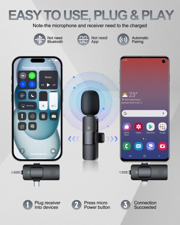 3 in 1 Professional Wireless Lavalier Microphone for iPhone, Android, Camera, Wireless Microphones, Mini Microphone, Crystal Clear Sound Quality for Recording, Live Streaming, YouTube, TikTok - Image 2