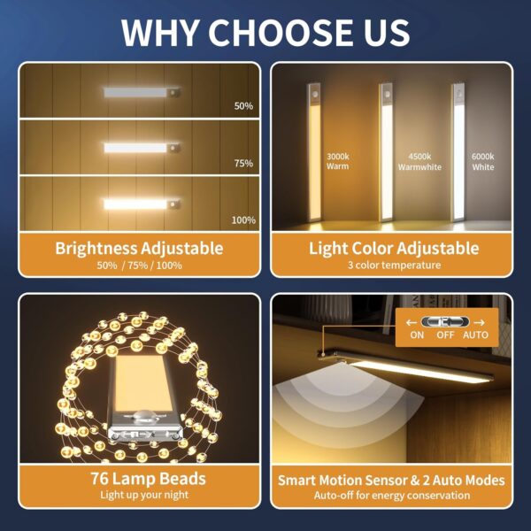 Under Cabinet Lights,76 LED Operated Motion Sensor Light Indoor,1500mAh USB Rechargeable Closet Lights, 2 Pack Magnetic Dimmable Closet Lights，Wireless Under Counter Lights for Kitchen, Stairs - Image 2