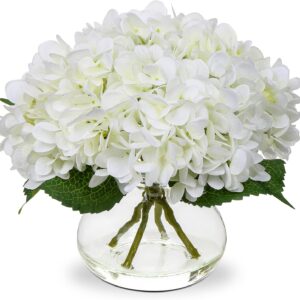 Hollyone Hydrangea Artificial Flowers with Vase White Silk Fake Flowers Arrangements in Glass Vase with Faux Water for Home Bathroom Office Table Centerpiece Shelf Decorations