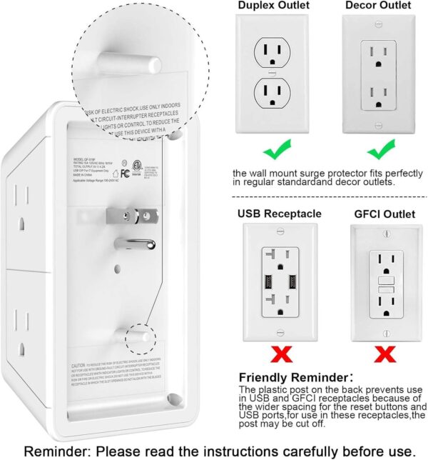 5 Outlet Extender Multi Plug Wall Outlets with 4 USB Charging Ports (1 USB C Outlet), 3 Sided 1680J Surge Protector Power Strip USB Wall Charger for Home, Office, Travel, ETL Listed, White - Image 7