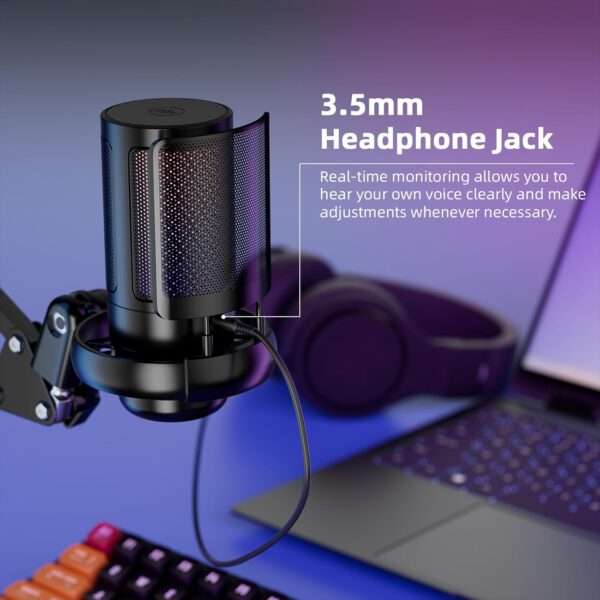 Gaming USB Microphone for PC，Podcast Microphone Kit for Streaming, Condenser Mic with Quick Mute, Boom Arm, Pop Filterm, RGB Indicator, Shock Mount, Rotate gain Button, Compatible with PS4/5/PC - Image 5