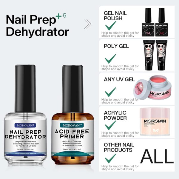 Morovan Professional Natural Nail Prep Dehydrate and Acid-Free Primer, Dehydrator for Acrylic and Gel Nail Polish, Non Acid Primer for UV Gels Fast Dry Superior Bonding Agent Gift Box Set - Image 6