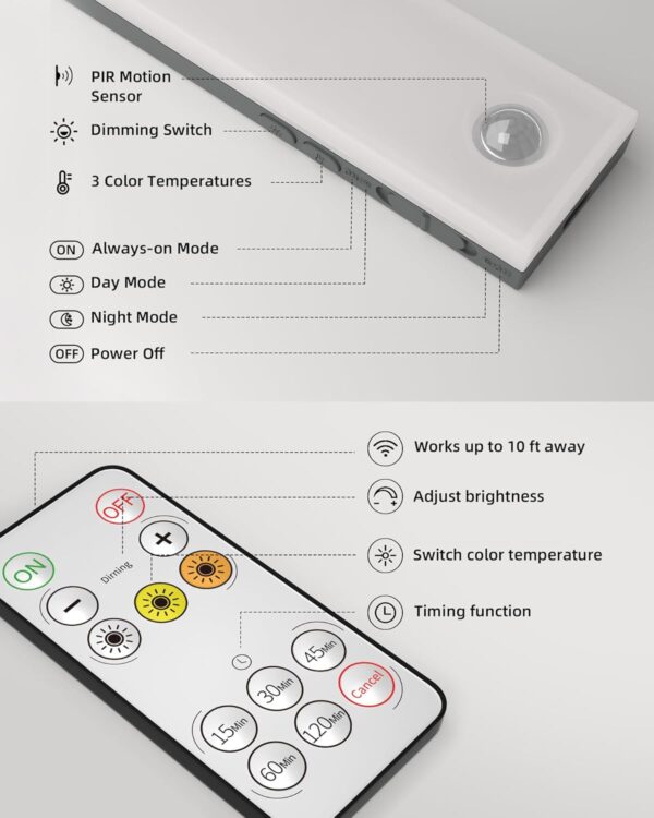 EZVALO 6-Pack Under Cabinet Lighting with Charging Station, Rechargeable Motion Sensor Lights, 3 Color Temps, Dimmable 62 LED Wireless Motion Activated Cabinet Lights with Remote for Kitchen,Pantry - Image 9