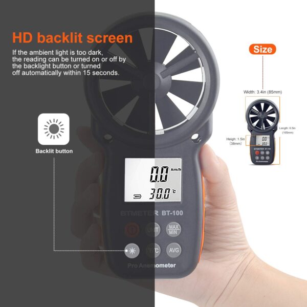 BTMETER BT-100 Handheld Anemometer, Digital Wind Speed CFM Meter Gauge Air Flow Velocity Tester for HVAC Shooting Drone, Wind Chill, 14℉-113℉ Wind Temperature - Image 6